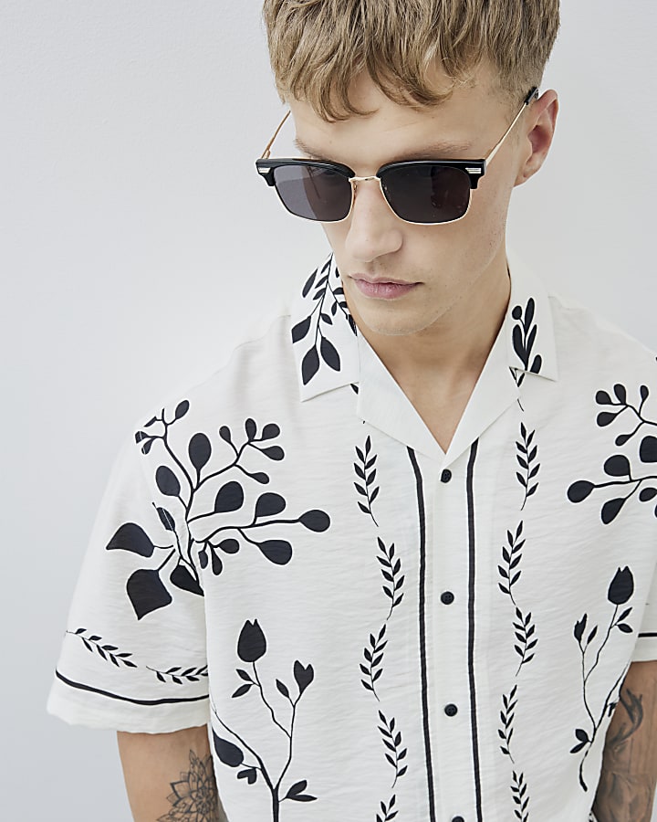 Cream Regular Fit Floral Border Shirt