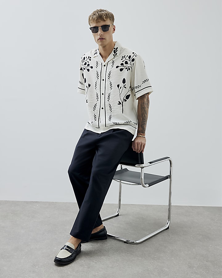 Cream Regular Fit Floral Border Shirt