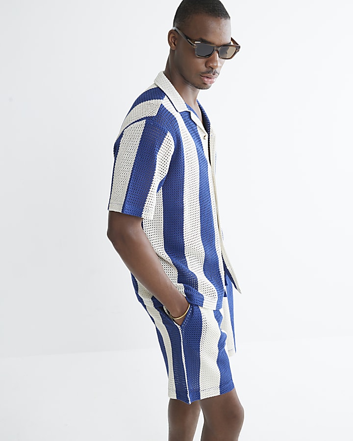 Blue Regular Fit Stripe Crochet Shorts