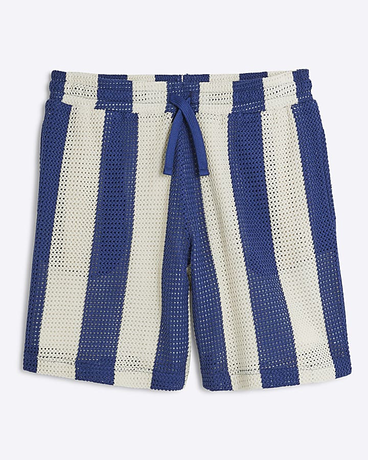 Blue Regular Fit Stripe Crochet Shorts