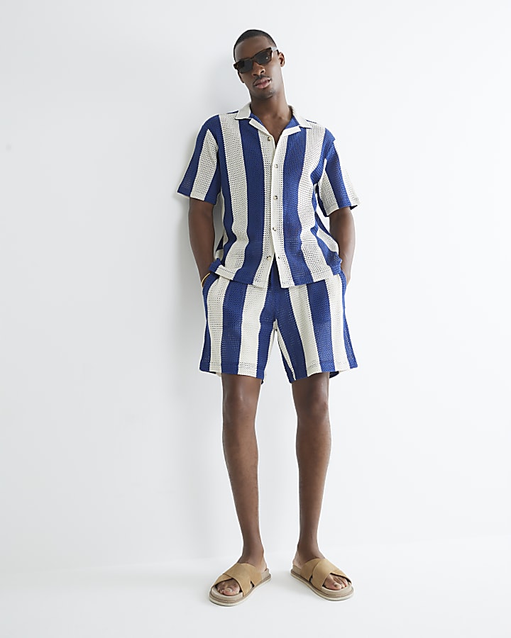 Blue Regular Fit Stripe Crochet Shorts