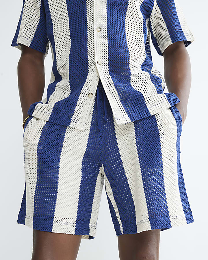 Blue Regular Fit Stripe Crochet Shorts