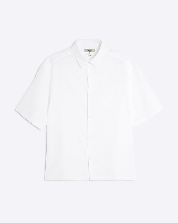 White Boxy Fit Linen Blend Short Sleeve Shirt