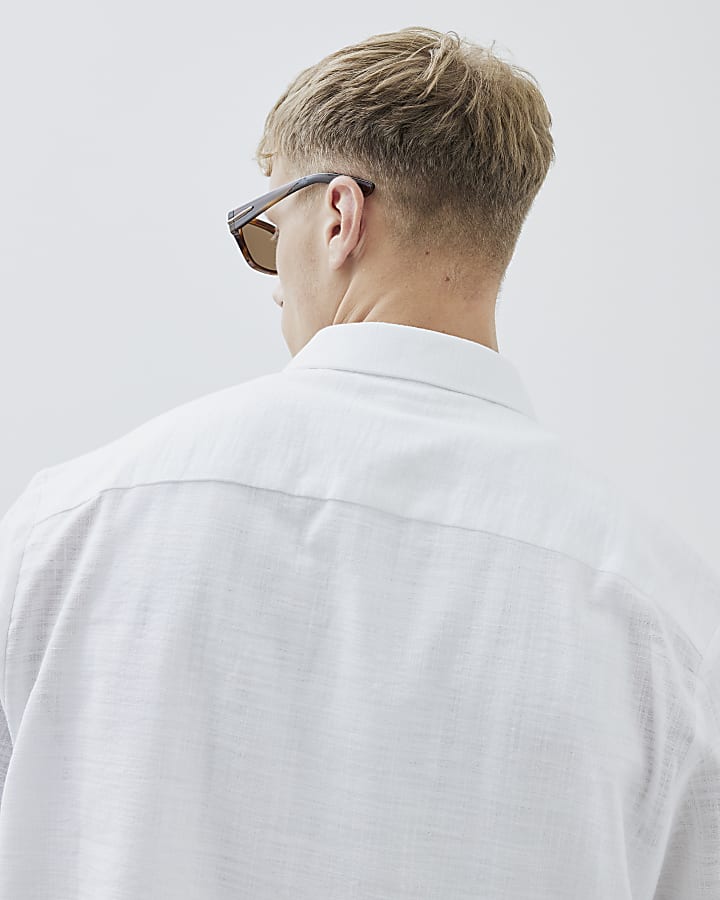 White Boxy Fit Linen Blend Short Sleeve Shirt