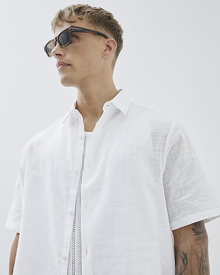 White Boxy Fit Linen Blend Short Sleeve Shirt
