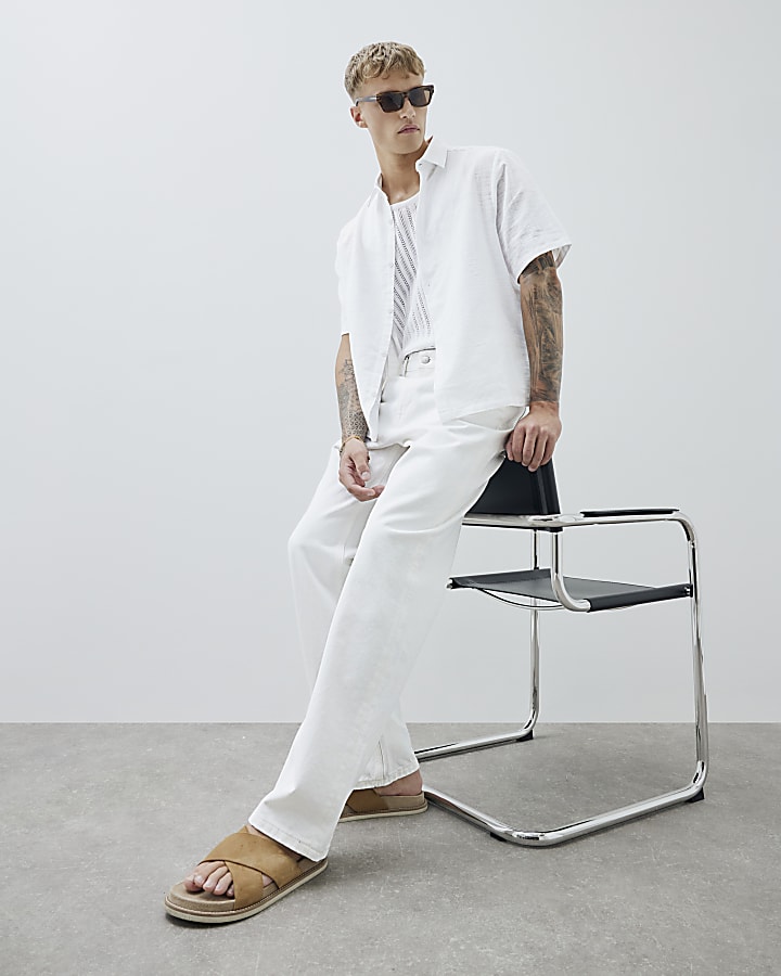 White Boxy Fit Linen Blend Short Sleeve Shirt