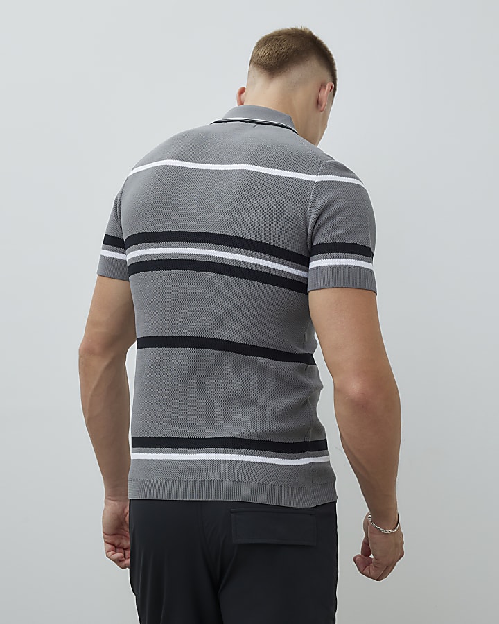 Grey Muscle Fit Colour Blocked Polo Shirt