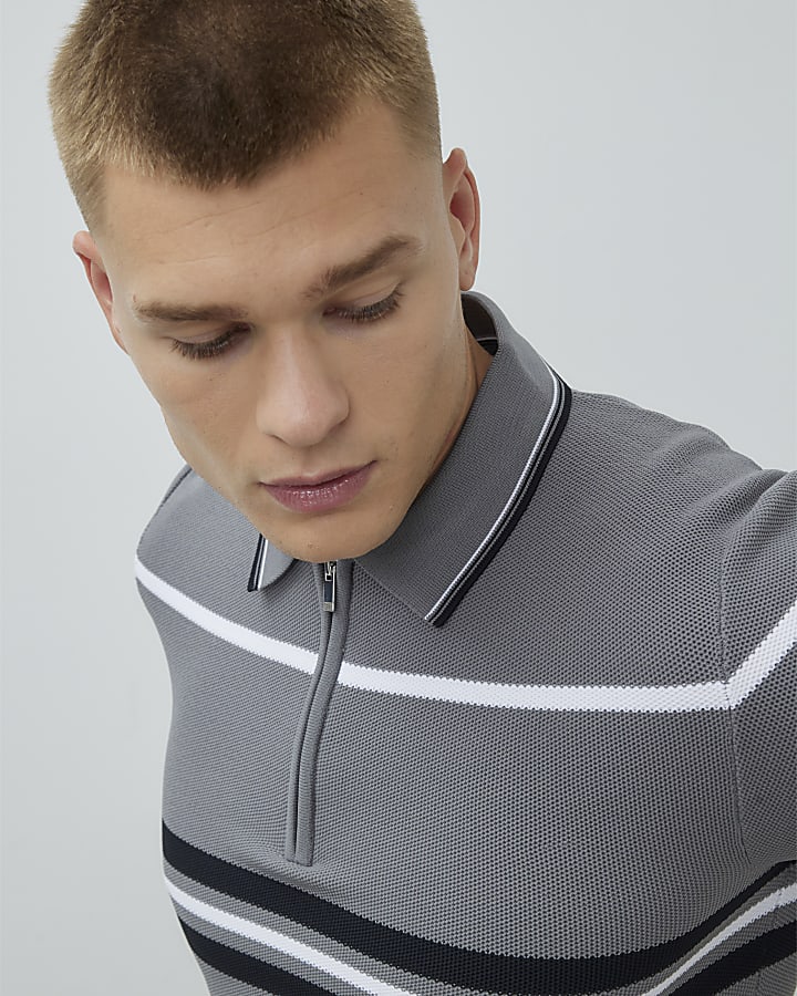 Grey Muscle Fit Colour Blocked Polo Shirt