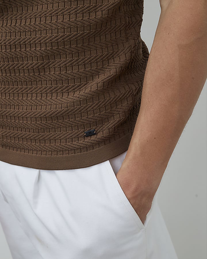 Brown Muscle Fit Textured Knit T-Shirt