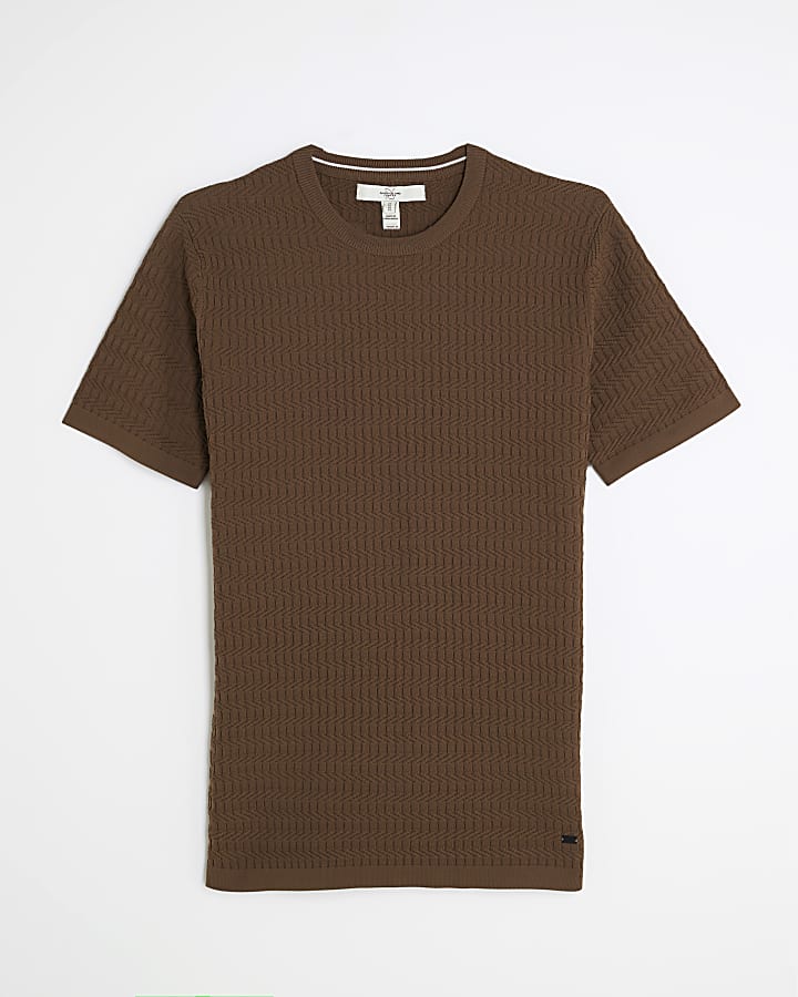 Brown Muscle Fit Textured Knit T-Shirt