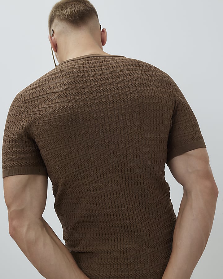 Brown Muscle Fit Textured Knit T-Shirt
