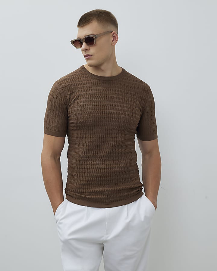 Brown Muscle Fit Textured Knit T-Shirt