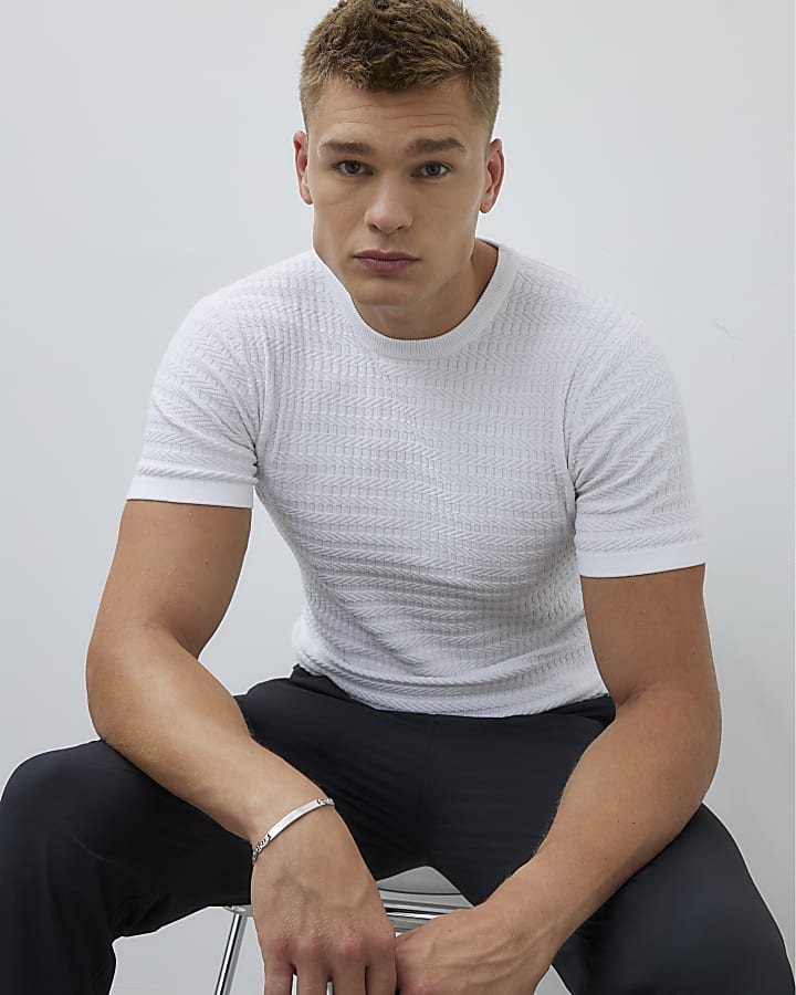 White Muscle Fit Textured T-Shirt