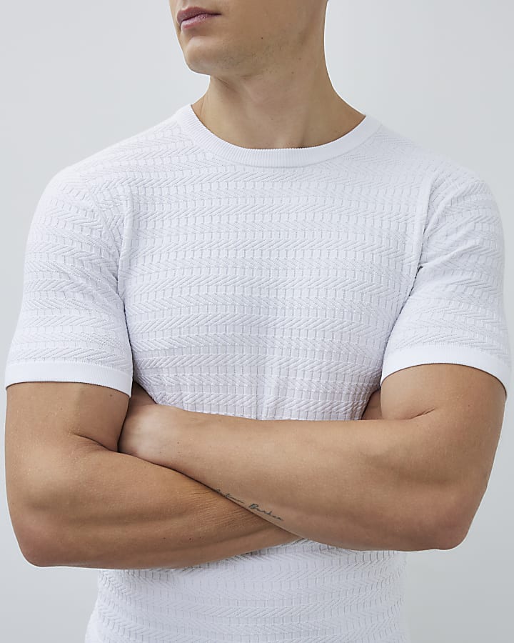 White Muscle Fit Textured T-Shirt