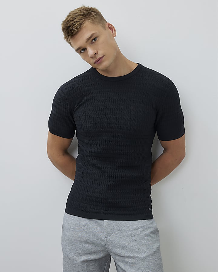 Black Muscle Fit Textured T-Shirt