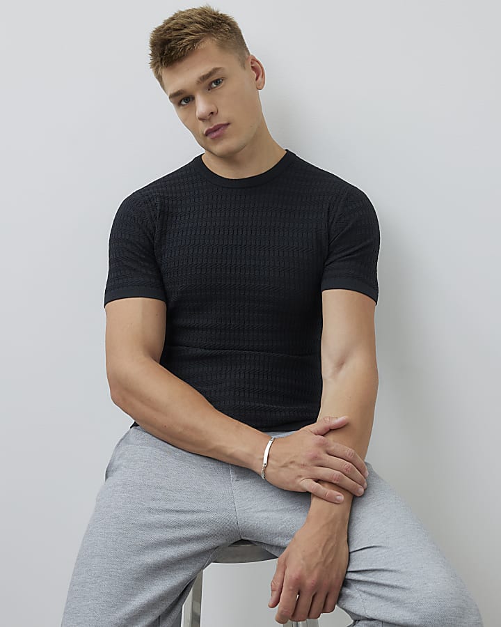 Black Muscle Fit Textured T-Shirt