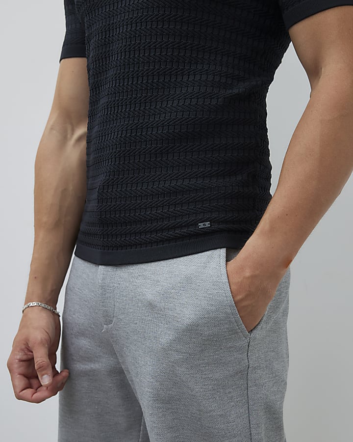 Black Muscle Fit Textured T-Shirt
