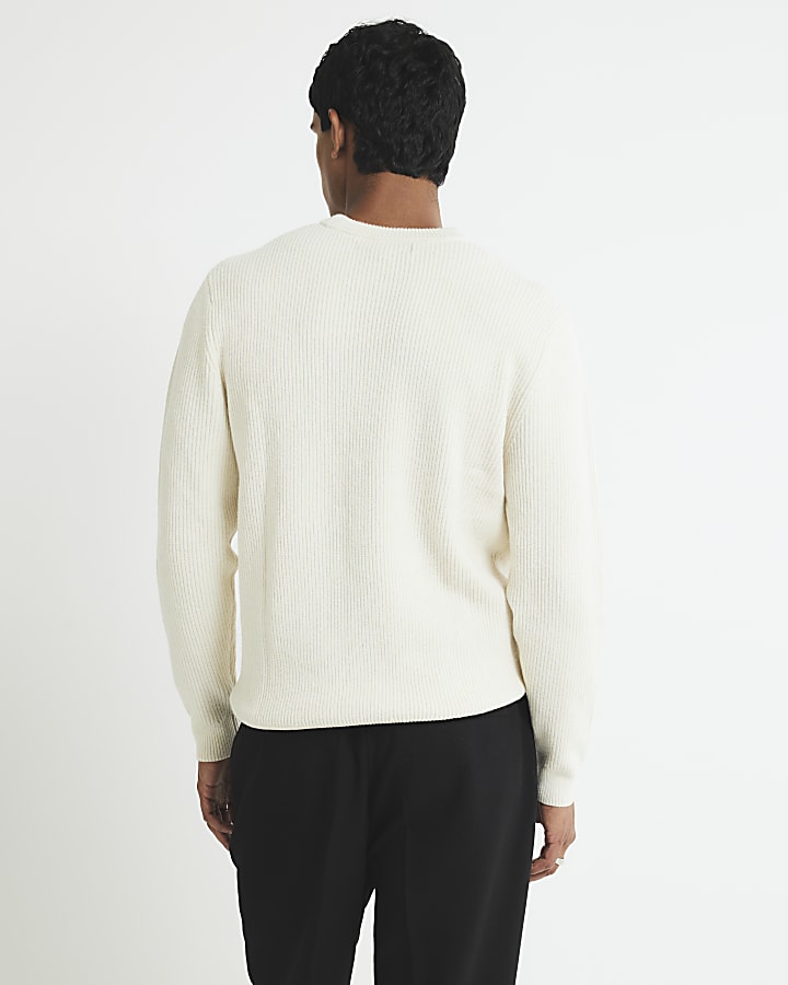 Ecru Slim Fit Knitted Ribbed Jumper