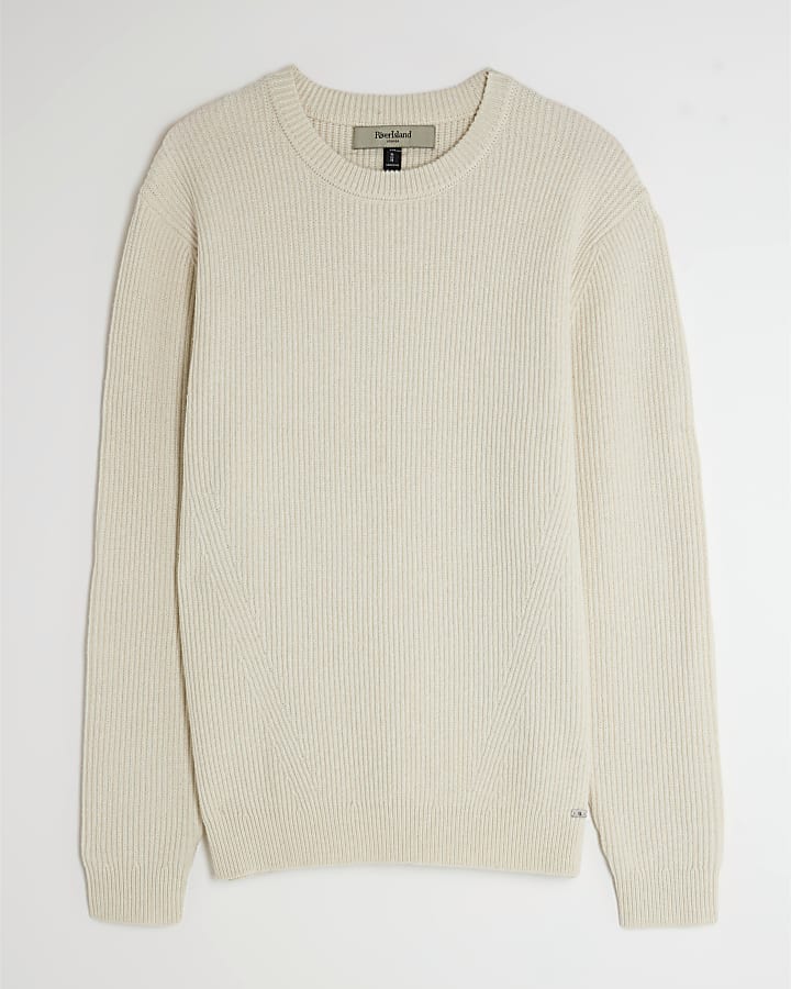 Ecru Slim Fit Knitted Ribbed Jumper