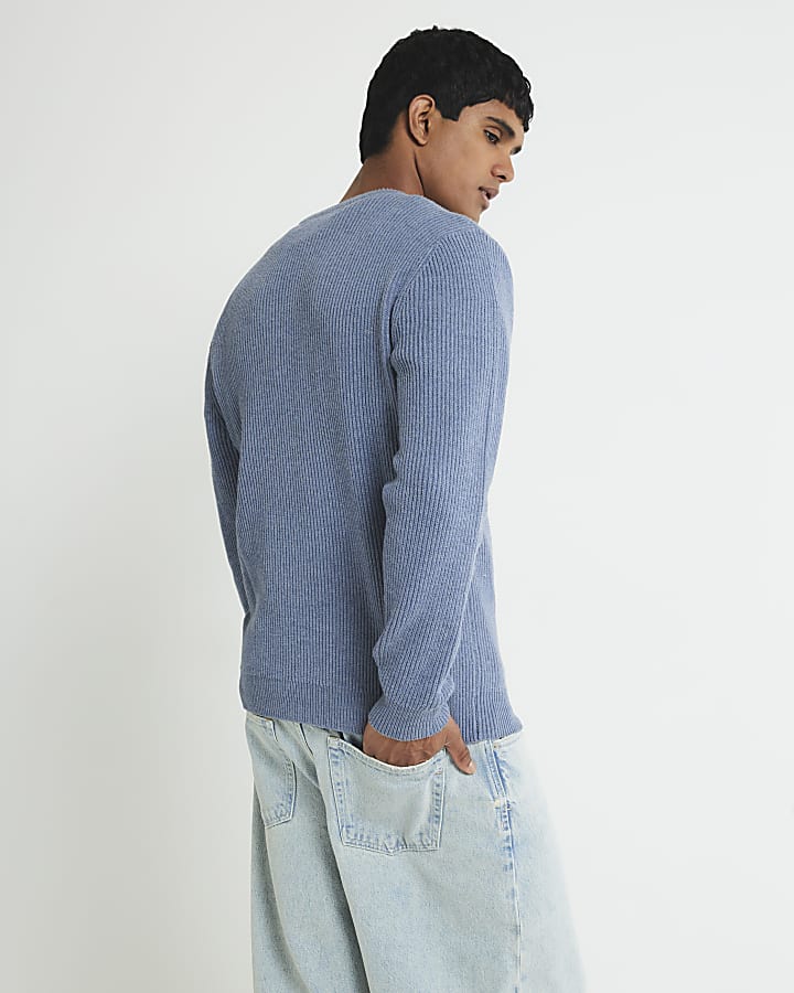 Blue Slim Fit Knitted Ribbed Jumper