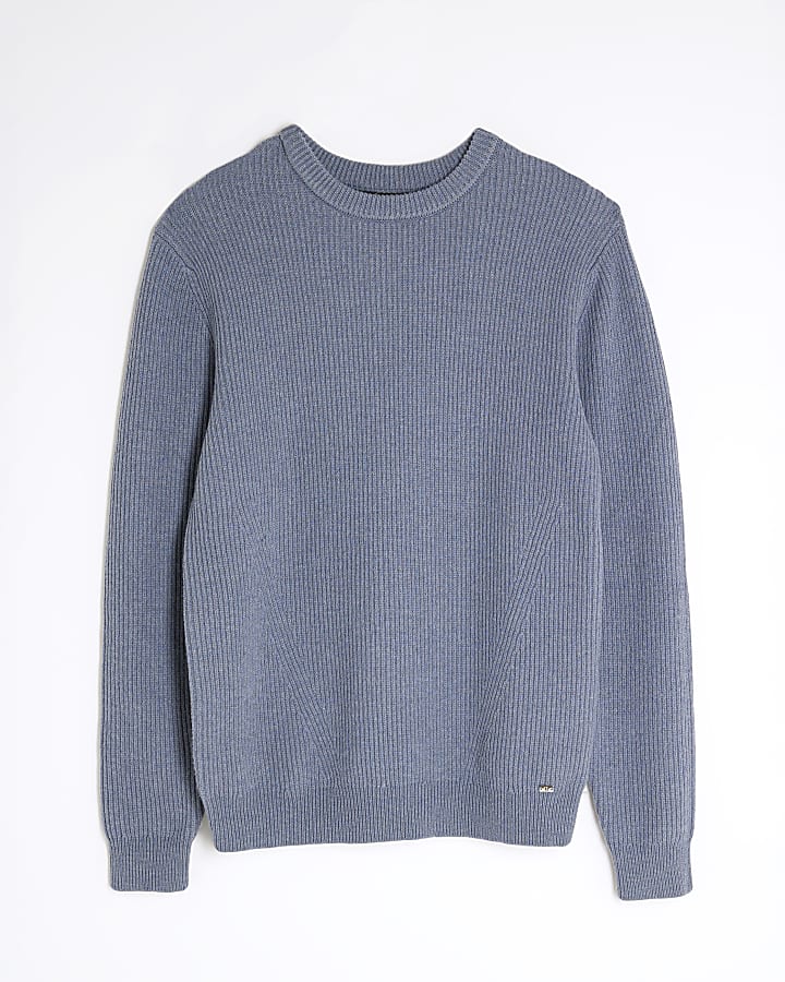 Blue Slim Fit Knitted Ribbed Jumper