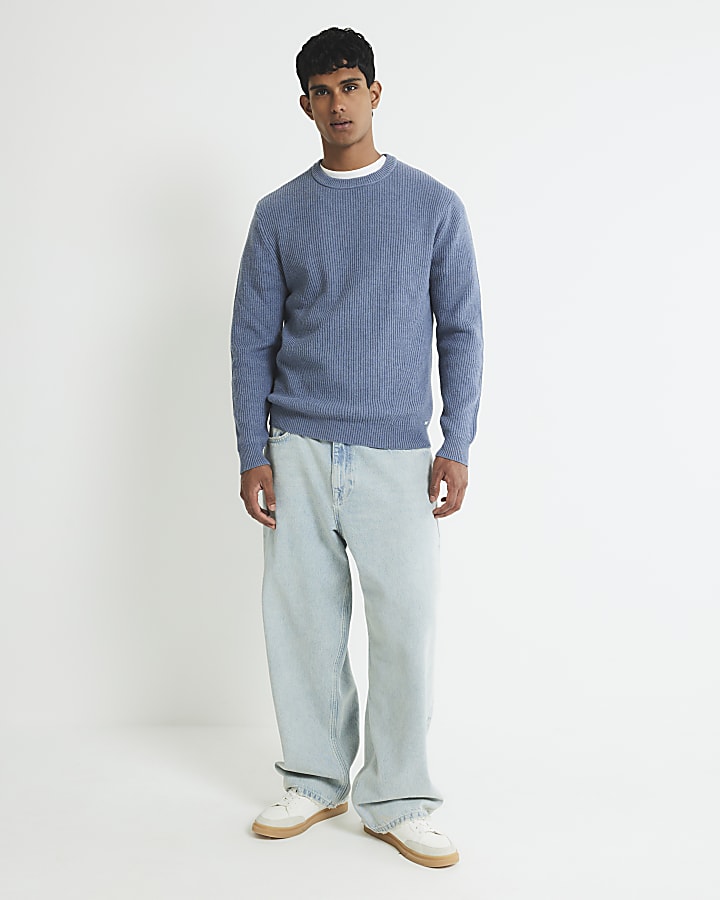 Blue Slim Fit Knitted Ribbed Jumper