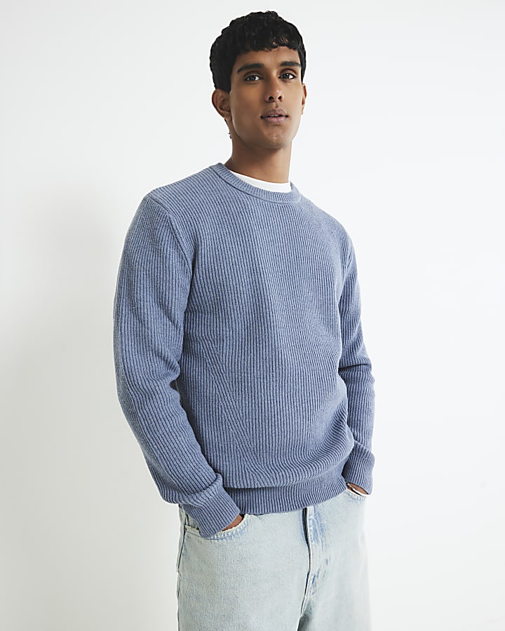 Blue Slim Fit Knitted Ribbed Jumper