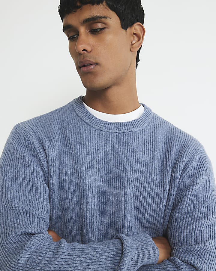 Blue Slim Fit Knitted Ribbed Jumper
