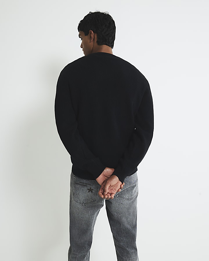 Black Slim Fit Knitted Ribbed Jumper