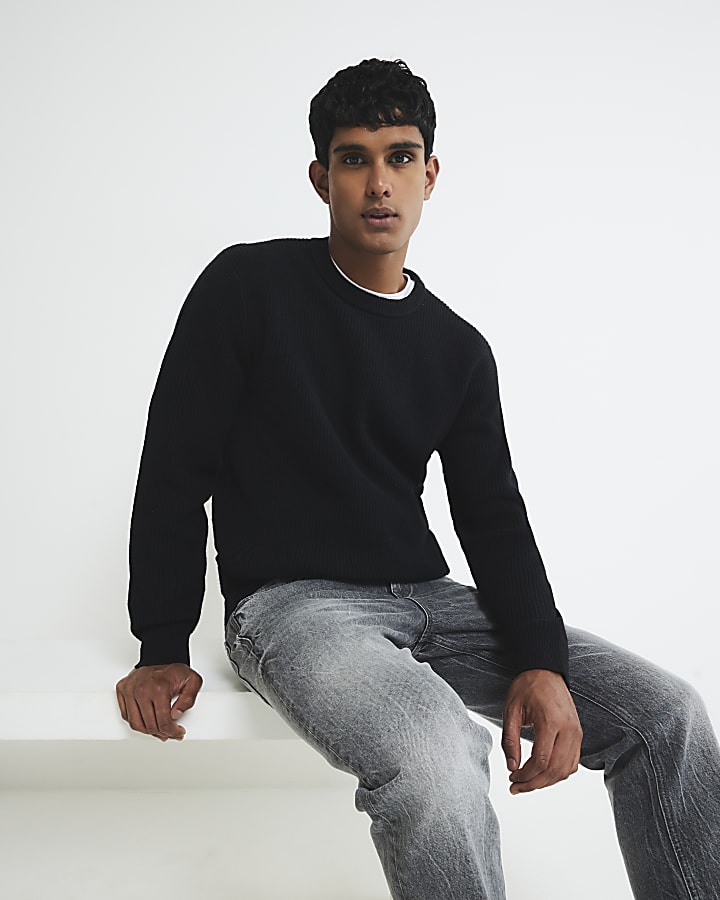 Black Slim Fit Knitted Ribbed Jumper