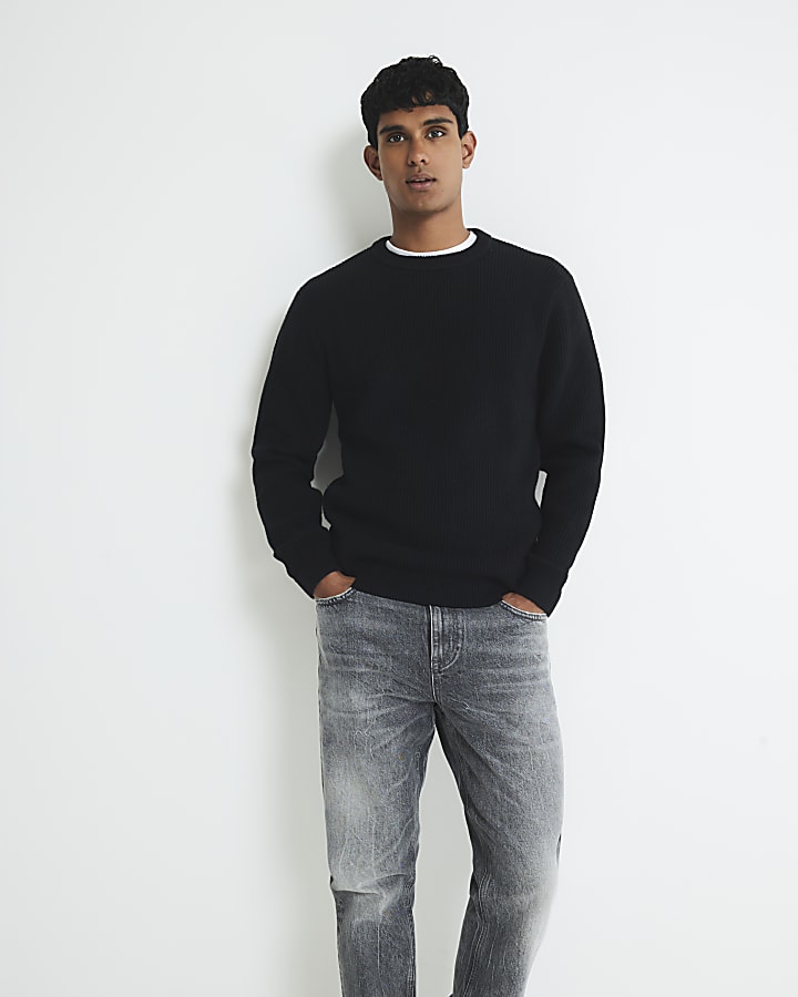 Black Slim Fit Knitted Ribbed Jumper