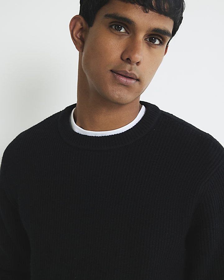 Black Slim Fit Knitted Ribbed Jumper