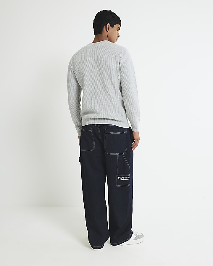 Grey Slim Fit Knitted Ribbed Jumper