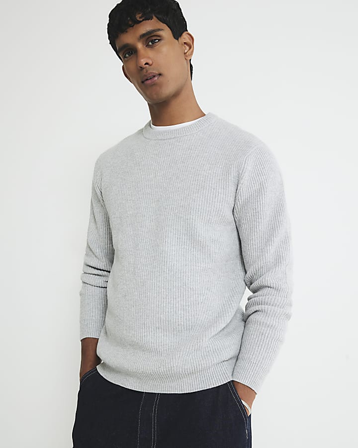 Grey Slim Fit Knitted Ribbed Jumper