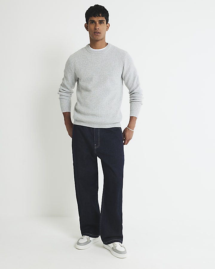 Grey Slim Fit Knitted Ribbed Jumper