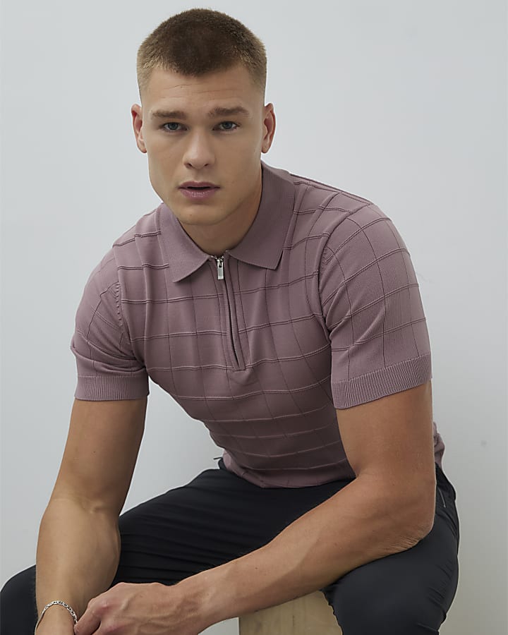 Pink Muscle Fit Grid Textured Polo Shirt