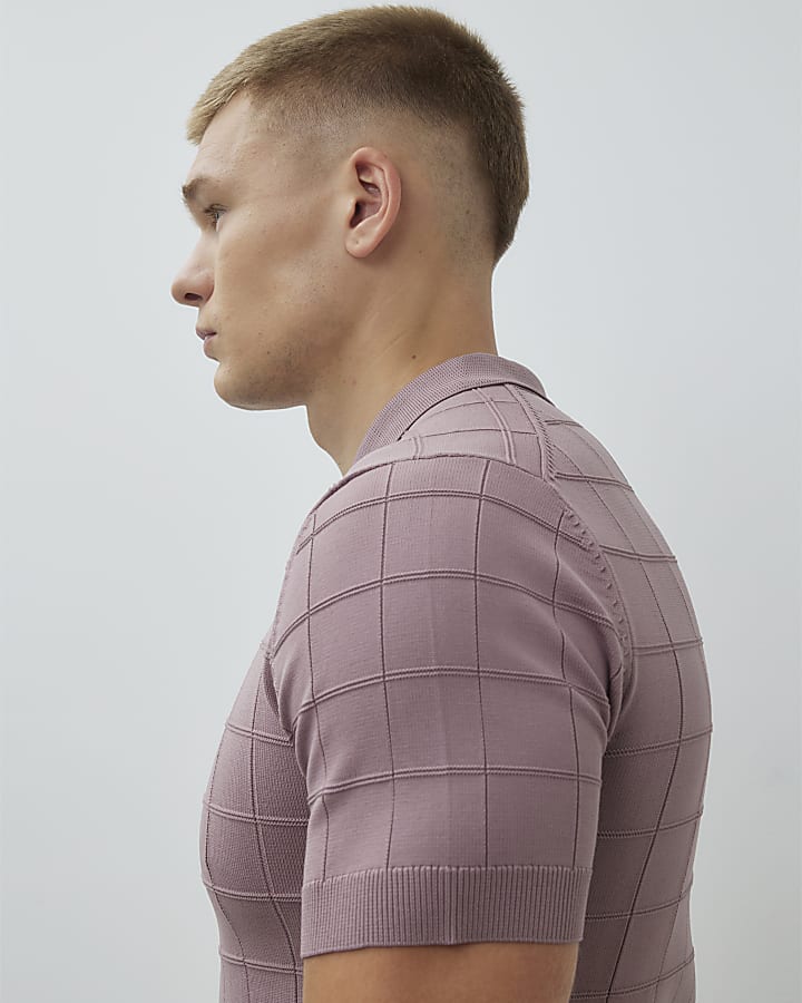 Pink Muscle Fit Grid Textured Polo Shirt