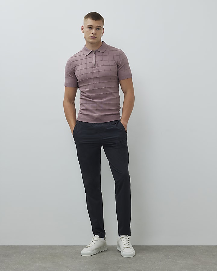 Pink Muscle Fit Grid Textured Polo Shirt