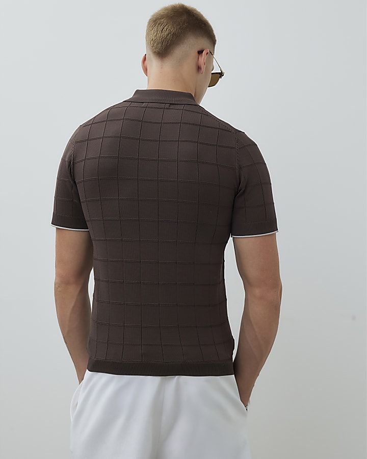 Brown Muscle Fit Grid Textured Polo Shirt