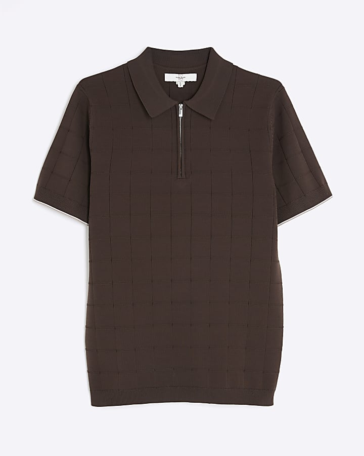 Brown Muscle Fit Grid Textured Polo Shirt