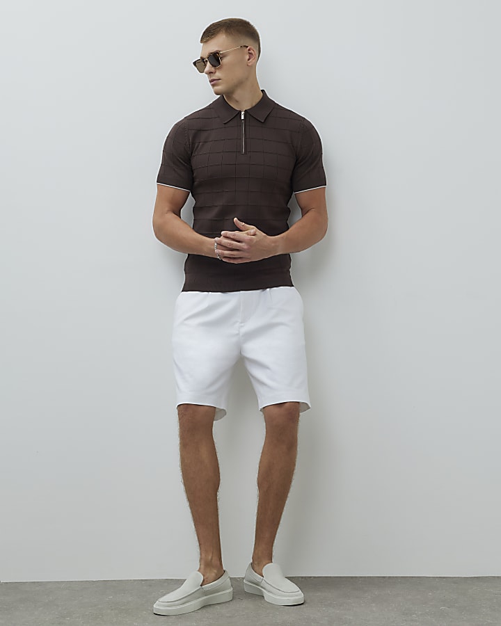 Brown Muscle Fit Grid Textured Polo Shirt