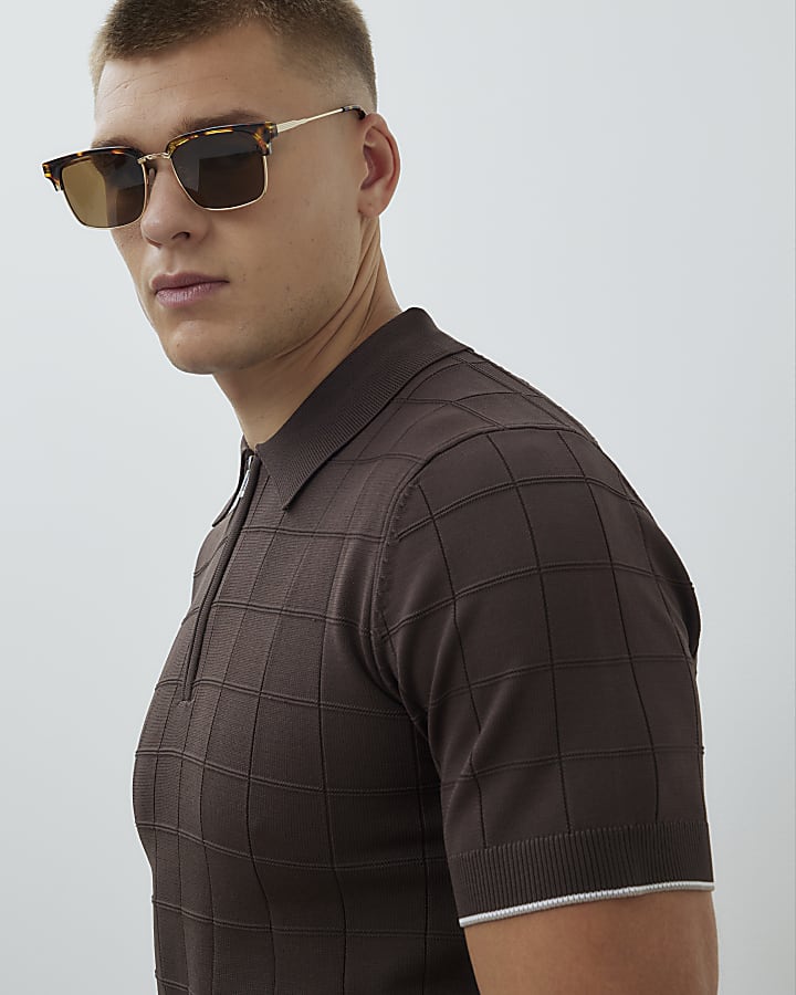 Brown Muscle Fit Grid Textured Polo Shirt