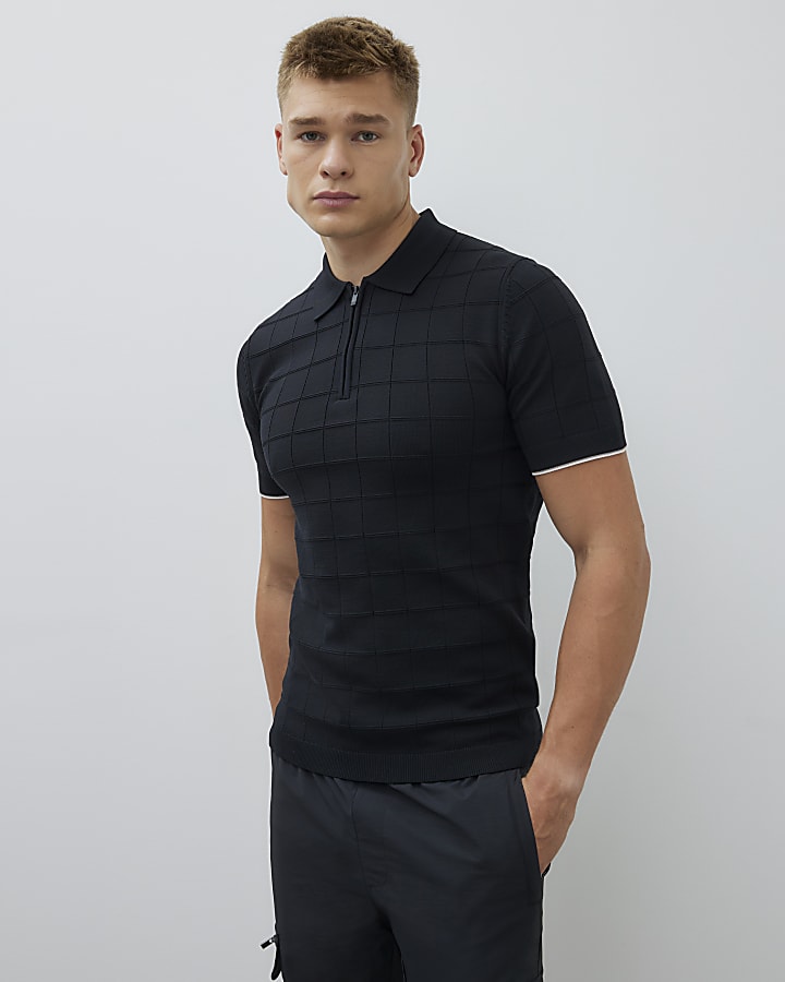 Black Muscle Fit Grid Textured Polo Shirt
