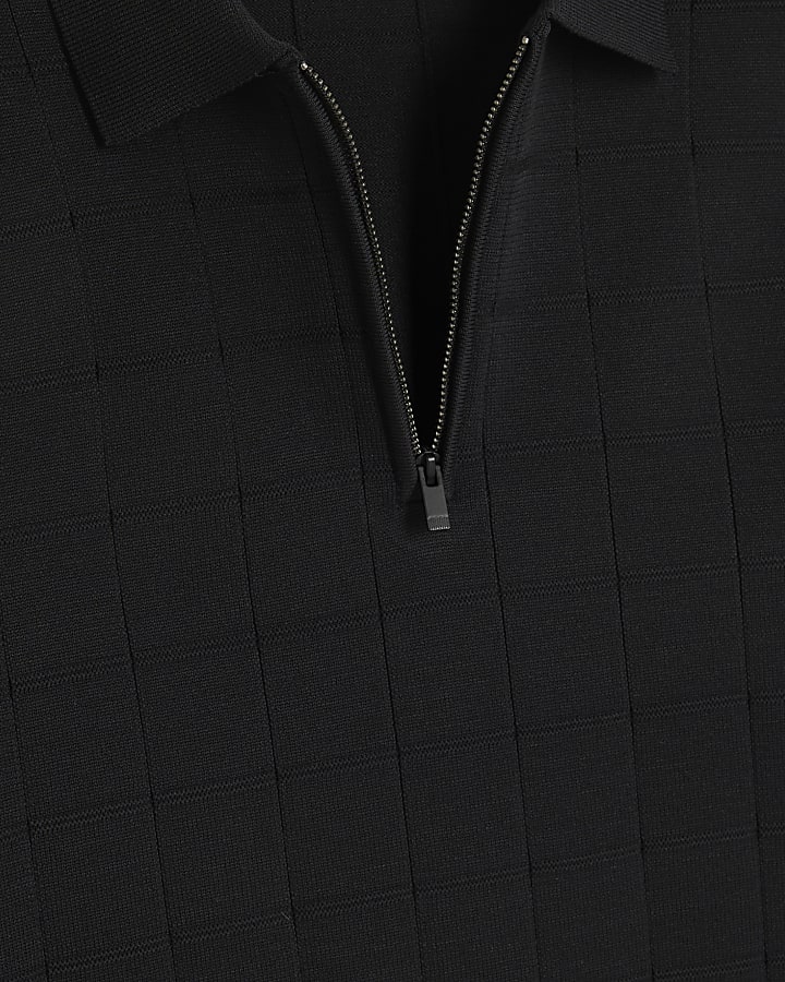 Black Muscle Fit Grid Textured Polo Shirt