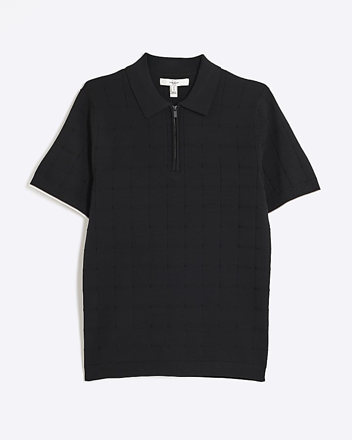 Black Muscle Fit Grid Textured Polo Shirt