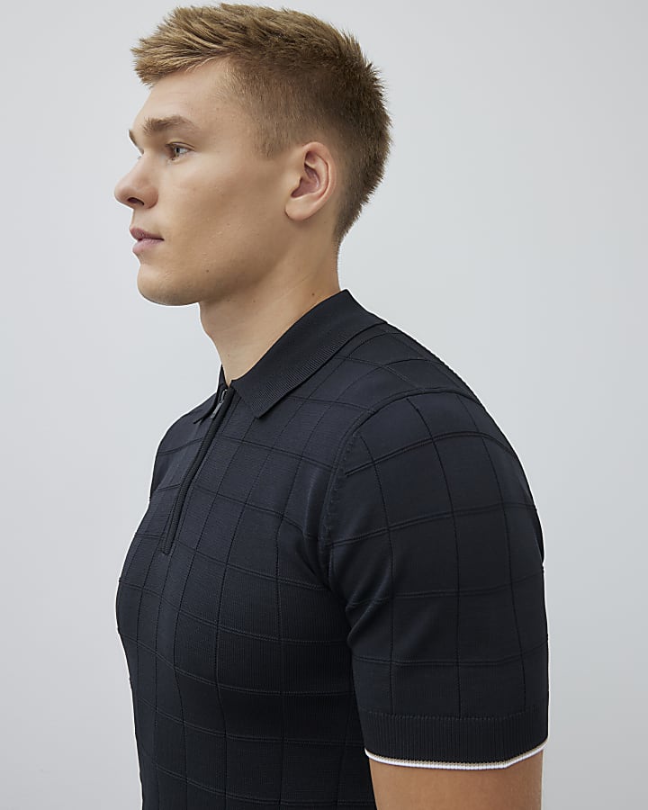 Black Muscle Fit Grid Textured Polo Shirt