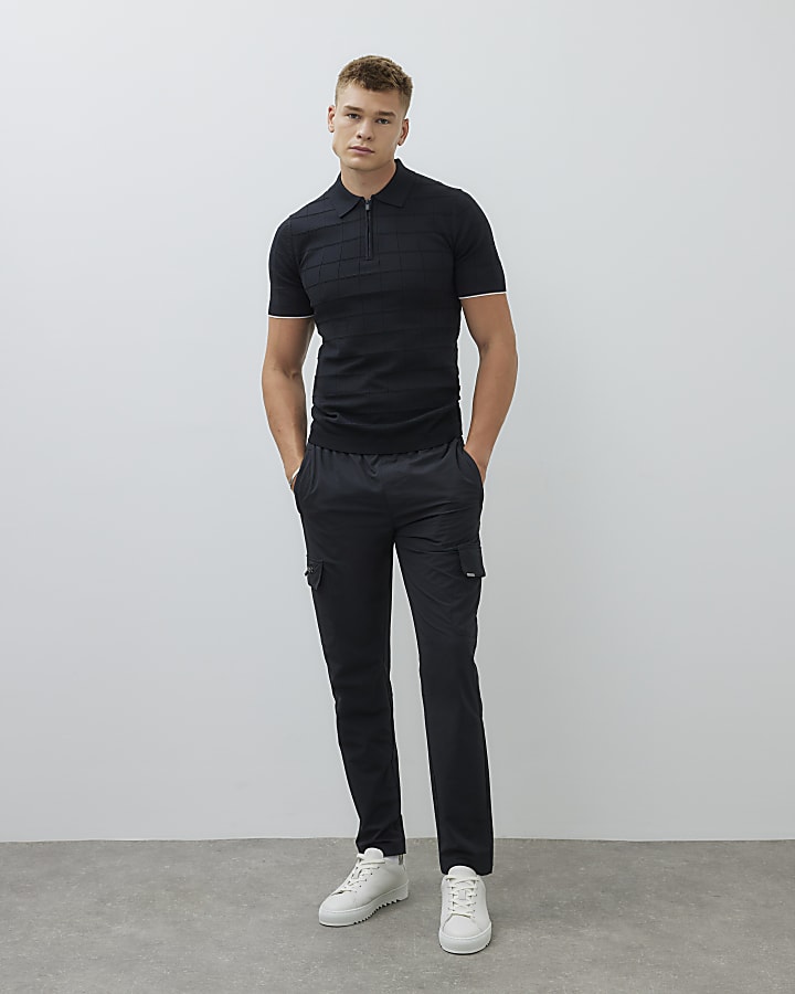 Black Muscle Fit Grid Textured Polo Shirt