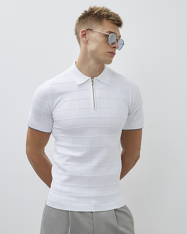 White Muscle Fit Grid Textured Polo Shirt