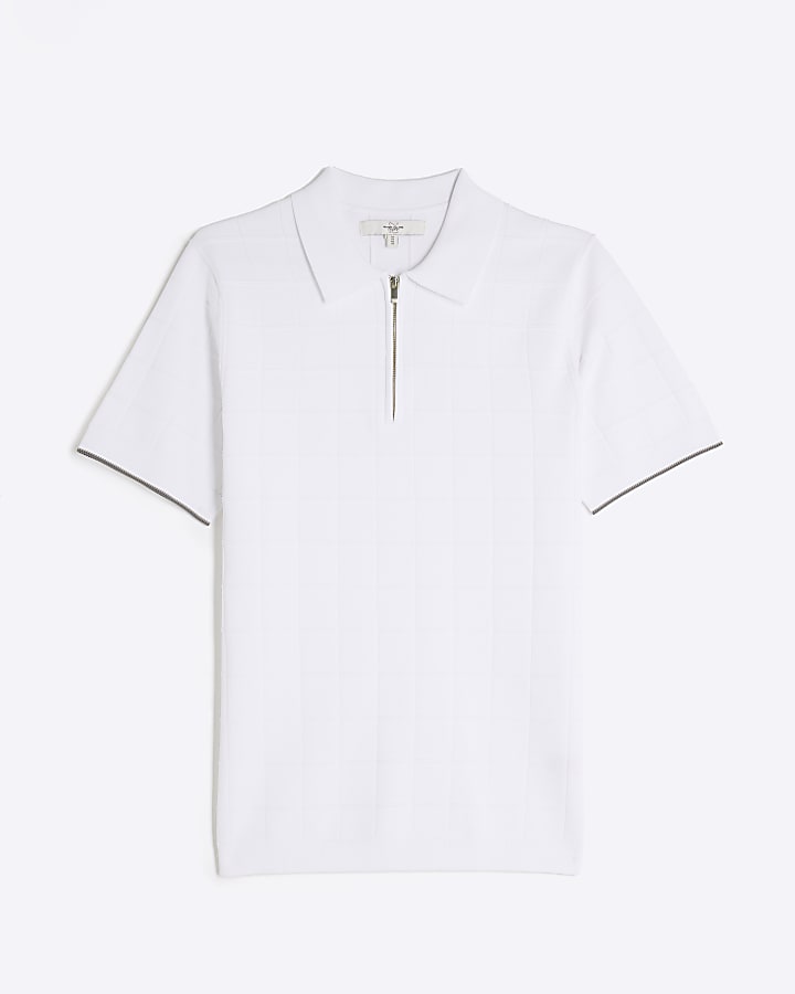 White Muscle Fit Grid Textured Polo Shirt