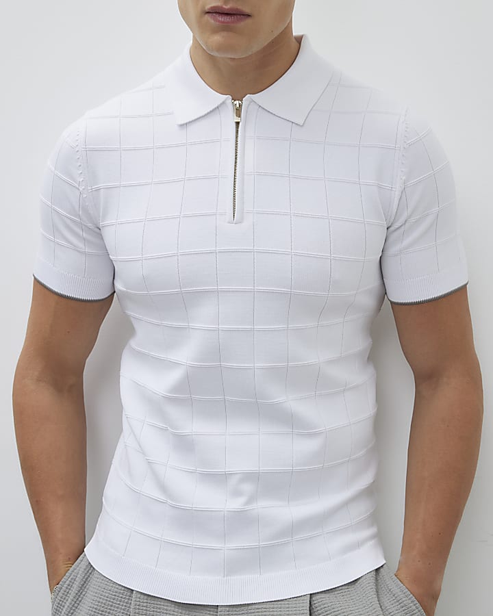 White Muscle Fit Grid Textured Polo Shirt